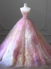 Pink Tulle Strapless Flower Prom Dress